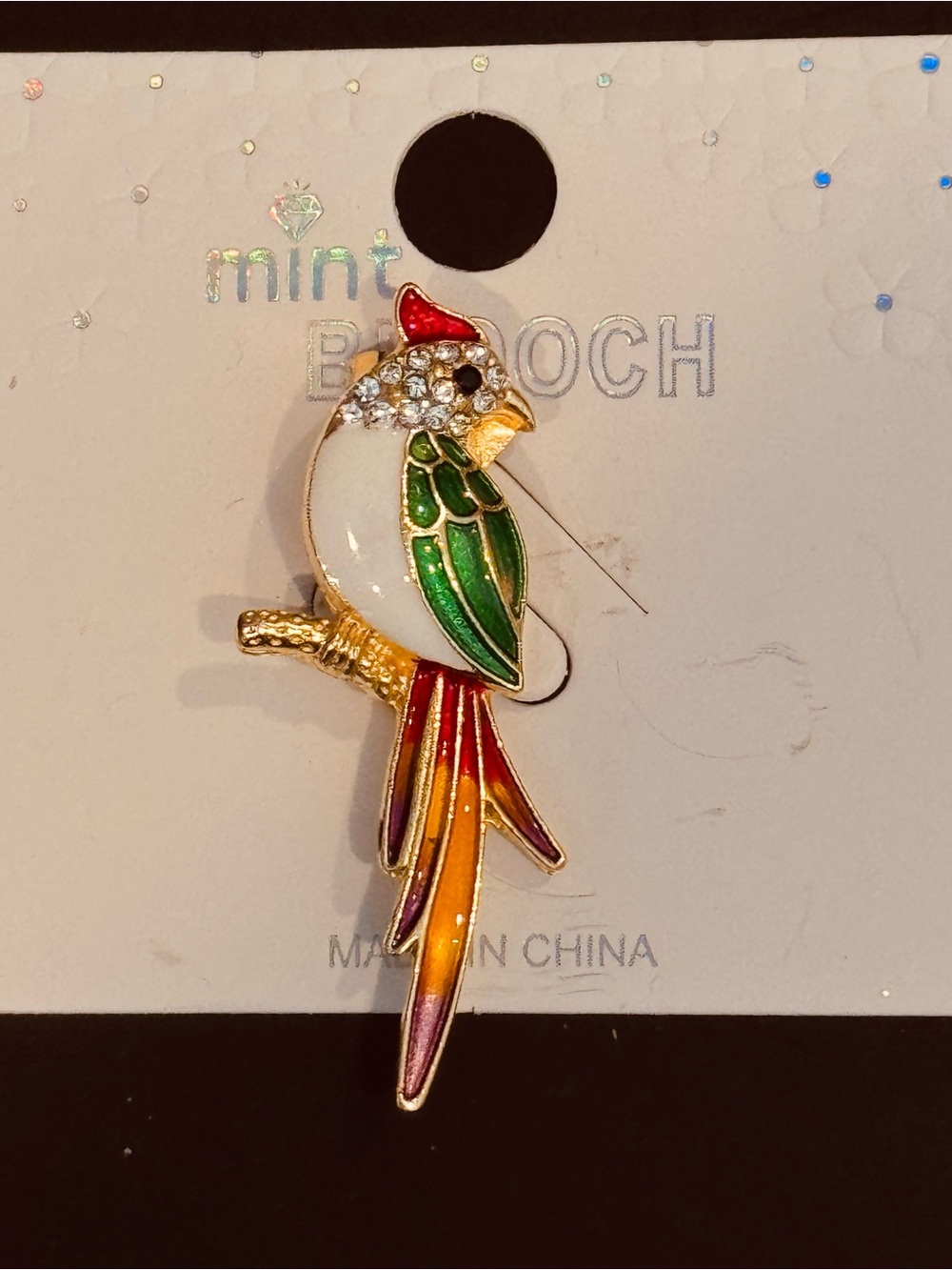 Mint Colorful Enamel Tropical Parrot Perched on Branch Brooch Pin Gold Tone NWT
